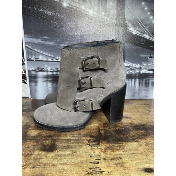 Allsaint's Heeled Kurve Ankle Bootie Soft Suede W/Buckle Accents Olive / Gray 36 - Picture 1 of 8